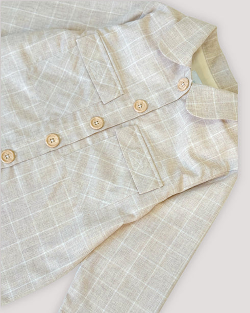 CHAQUETA CUADROS BEIGE CUELLO REDONDO Y BOLSILLOS
